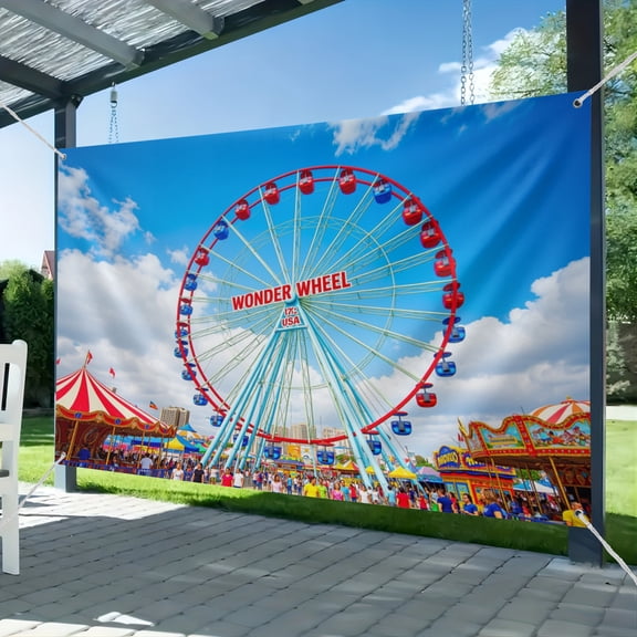 Fabric Amusement Park Ferris Wheel Backdrop Coney Island Famous Wonder Wheel with Typical Rides Carnival Photography Background Kids Birthday Party Decorations Photo Props (2)