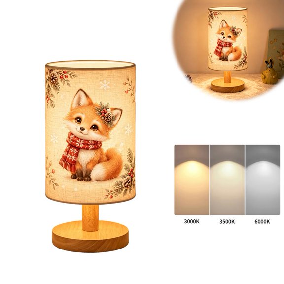 Fabric Animal Lamp, Wooden Base Bedside Lamp with Animal Print Shade, Fox