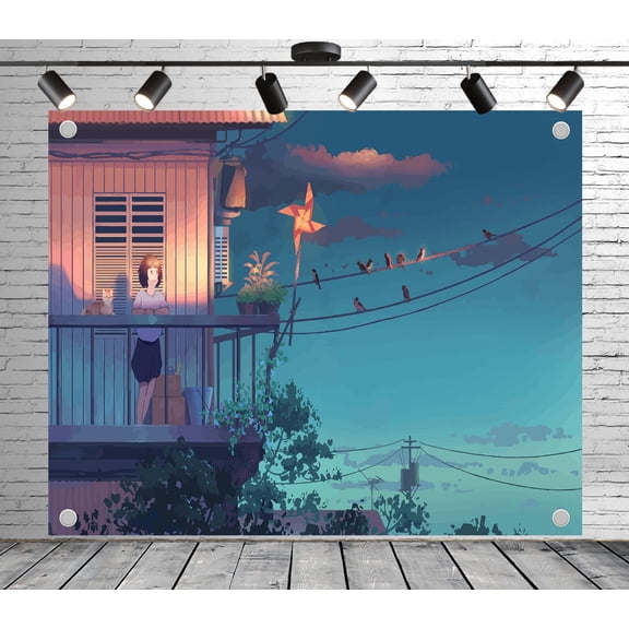 Fabric Anime Style Balcony & Sunset Sky Backdrop(Suitable for Home Decoration, Photoshoots, and Fantasy - Themed Backgrounds)Anime Art Fabric Banner