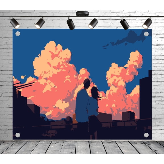 Fabric Anime Style Rooftop Sunset & Couple Backdrop(Suitable for Home Decoration, Photoshoots, and Romantic Fantasy - Themed Backgrounds)Anime Art Fabric Banner