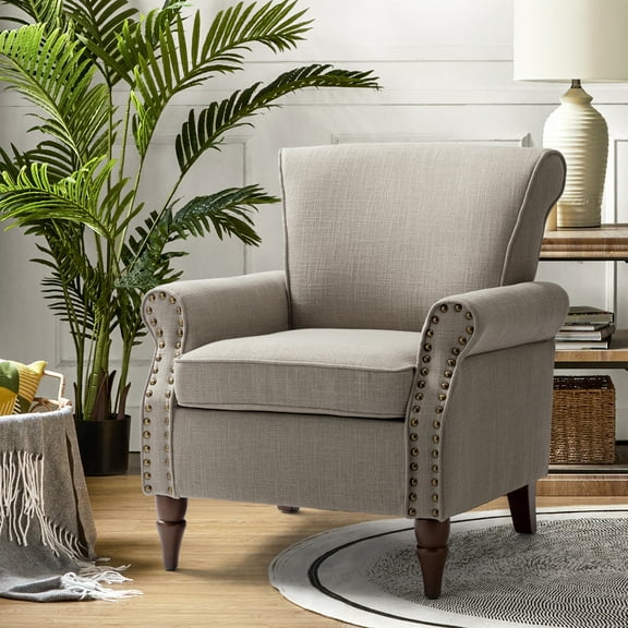 Fabric Armchair Upholstered Wingback Accent Chair Sofa Couch Wood Legs Nailhead Trim Home Living Room Bedroom Grey