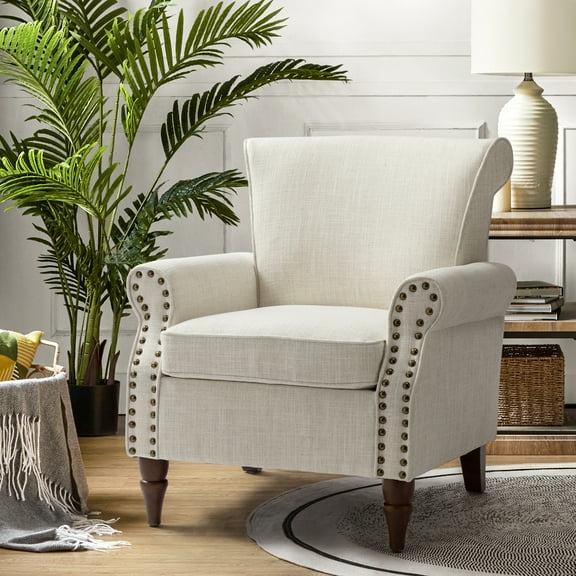 Fabric Armchair White Upholstered Wingback Accent Chair Sofa Couch Wood Legs Nailhead Trim Home Living Room Bedroom Ivory