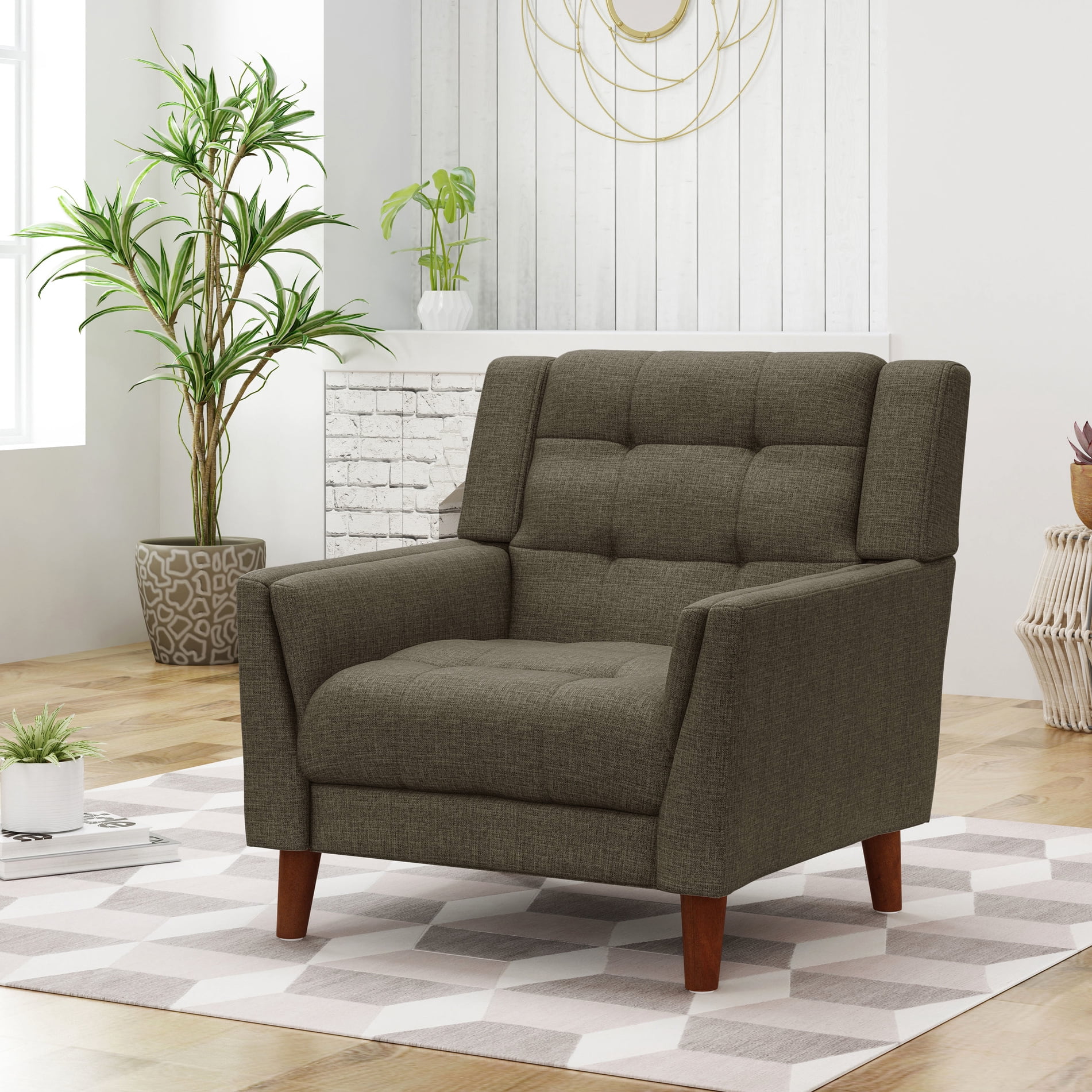Fabric Armchair With Waffle Stitch - Mid-century Modern Design For