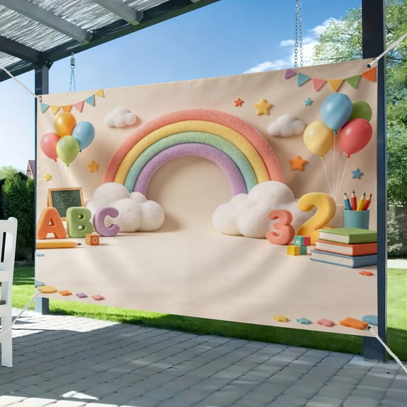 Fabric Back to School Rainbow Photo Photography Backdrop ABC Letter Number Banner, Balloon Background, Kids Kindergarten School Classroom Party Decorations