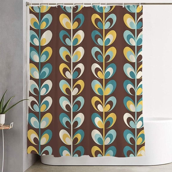 Fabric Bathroom Curtain Midcentury Geometric Retro Vintage Brown Mustard Yellow Teal Colors Floral Mod Pattern Abstract Shower Curtain Waterproof Shower Curtain with Hooks 72"W x 72"L (Pack of 1)