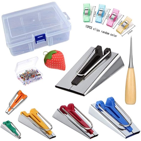 Fabric Bias Tape Maker Set of 19pcs Tools with Instruction,Bias Maker 1/4" 3/8" 1/2" 3/4" 1" 2" Quilting Pins Sewing Pincushion Clips Awl