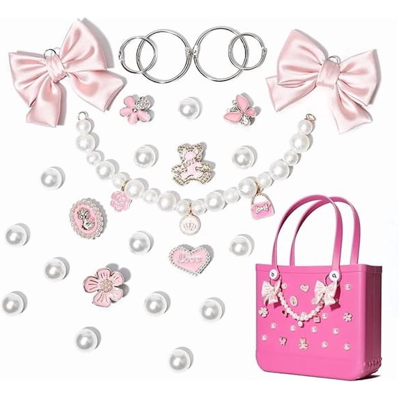 Fabric Bow Bag Charm with Pearl Chain, Decorative Ornament Accessories, Universal Insert Decoration Compatible with Bogg Bag, Fashion Women Beach Tote Bag Decor