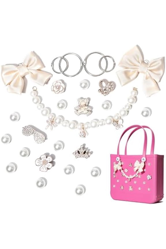 Fabric Bow Charms for Rubbet Totes Women, Pearl Chains, Accessories Charms Compatible with Bogg Bag, Insert for Beach Bags