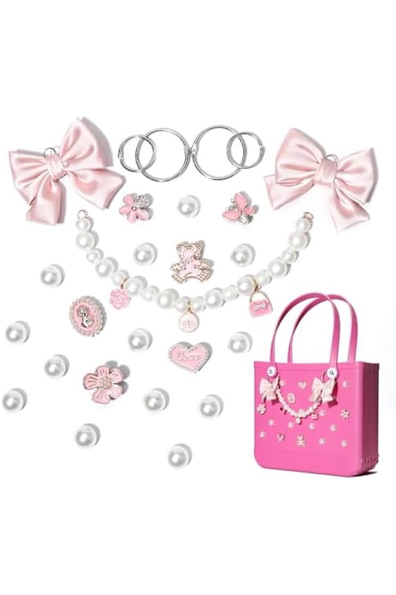 Fabric Bow Charms for Rubbet Totes Women, Pearl Chains, Accessories Charms Compatible with Bogg Bag, Insert for Beach Bags