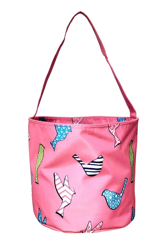 Fabric Bucket Tote Bag for Children - Toys - Easter Basket - Pink Bird Print