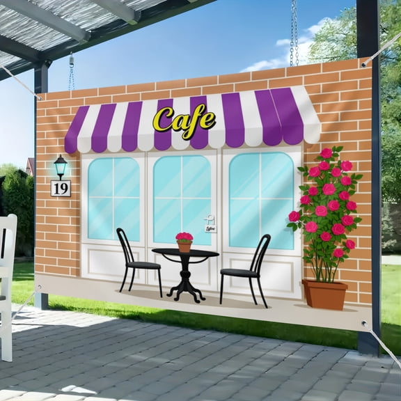 Fabric Cartoon Coffee Shop Backdrop Street Cafe Chairs Brick Wall Background for Coffee Theme Party Decorations Kids Boys Birthday Party Cake Table Decor Photo Studio Props