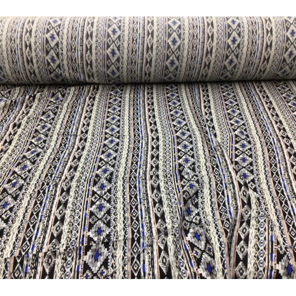Fabric Challis Rayon Apparel Blue Tan Black Cream Aztec F422