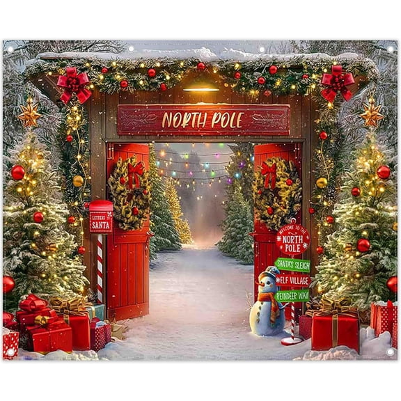 Fabric Christmas Backdrop - Winter Forest with Wooden Barn Door & Snowy Xmas Tree - North Pole Photography Background for Family Holiday Party Decor & Photo Props