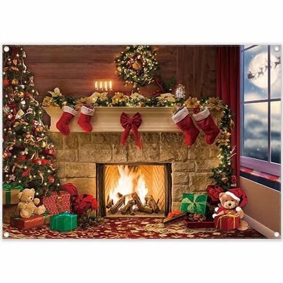 Fabric Christmas Fireplace Photography Backdrop Xmas Window Snowflake 7X5Ft