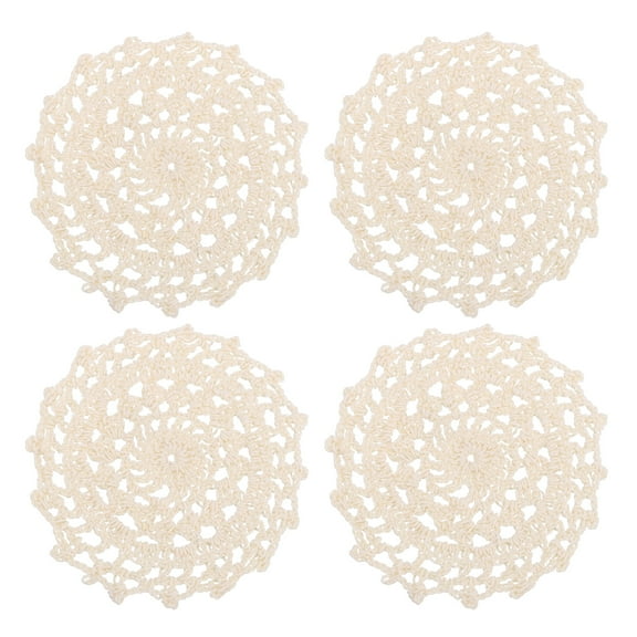 Fabric Coasters, 4pack 4" - Cotton Woven Crochet Doilies, Lace Embroidery Placemats with Floral Pattern (Beige)