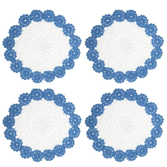 Fabric Coasters, 4pack 8" - Cotton Woven Crochet Doilies, Lace Embroidery Cup Mat with Floral Pattern (Blue)