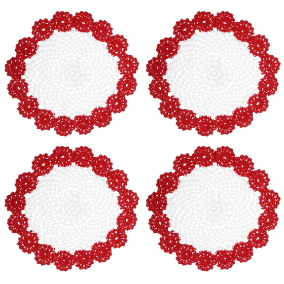 Fabric Coasters, 4pack 8" - Cotton Woven Crochet Doilies, Lace Embroidery Cup Mat with Floral Pattern (Red)