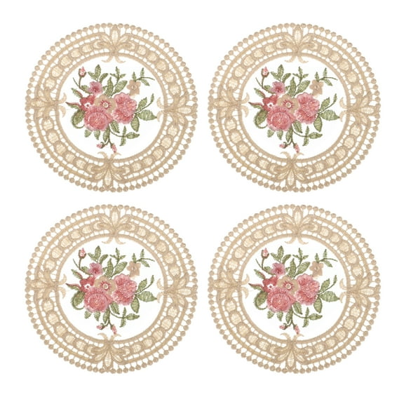 Fabric Coasters, 4pcs 4.7" - Polyester Round Lace Embroidery Cup Mat with Floral Pattern for Wedding (Camel)