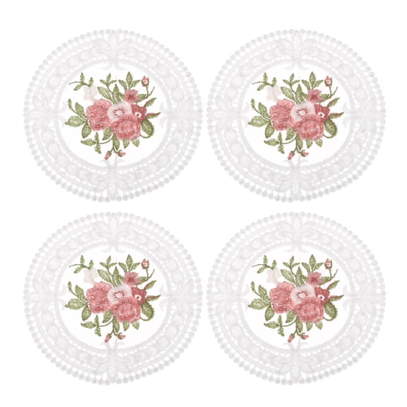 Fabric Coasters, 4pcs 4.7" - Polyester Round Lace Embroidery Cup Mat with Floral Pattern for Wedding (White)