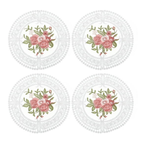 Fabric Coasters, 4pcs 4.7" - Polyester Round Lace Embroidery Cup Mat with Floral Pattern for Wedding (White)