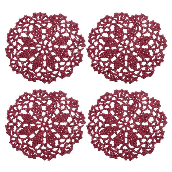 Fabric Coasters, 4pcs 4" - Cotton Woven Crochet Doilies, Lace Embroidery Cup Mat with Floral Pattern (Claret)