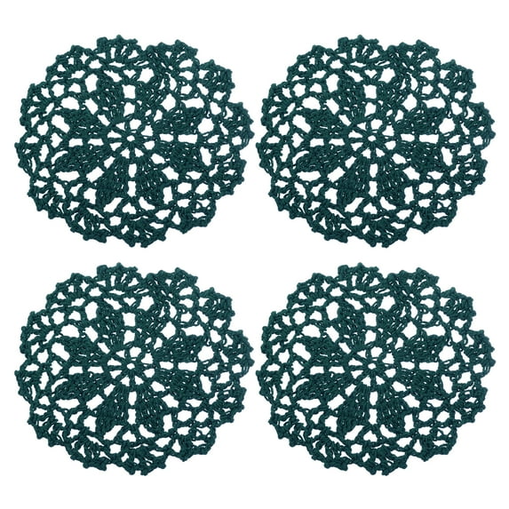 Fabric Coasters, 4pcs 4" - Cotton Woven Crochet Doilies, Lace Embroidery Cup Mat with Floral Pattern (Dark Green)