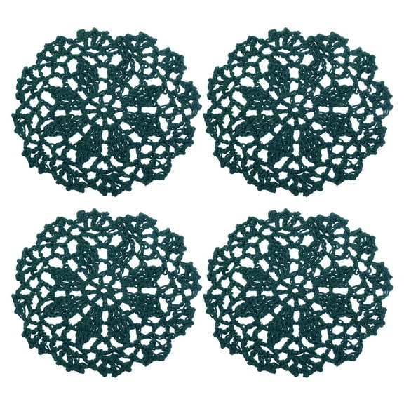 Fabric Coasters, 4pcs 4" - Cotton Woven Crochet Doilies, Lace Embroidery Cup Mat with Floral Pattern (Dark Green)