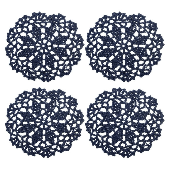 Fabric Coasters, 4pcs 4" - Cotton Woven Crochet Doilies, Lace Embroidery Cup Mat with Floral Pattern (Navy Blue)