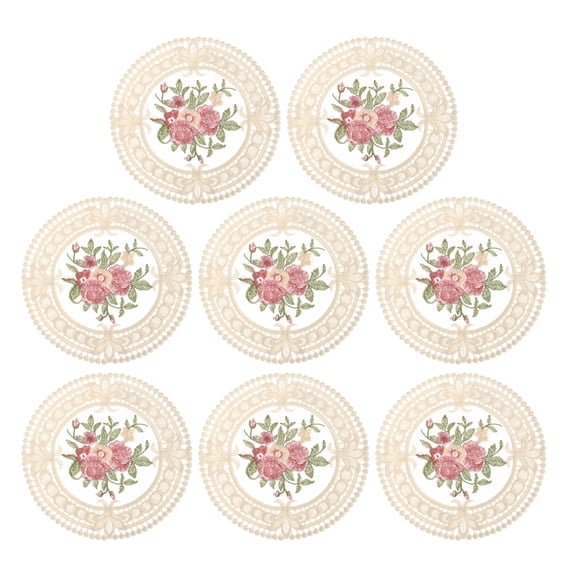 Fabric Coasters, 8pcs 4.7" - Polyester Round Lace Embroidery Cup Mat with Floral Pattern for Wedding (Beige)