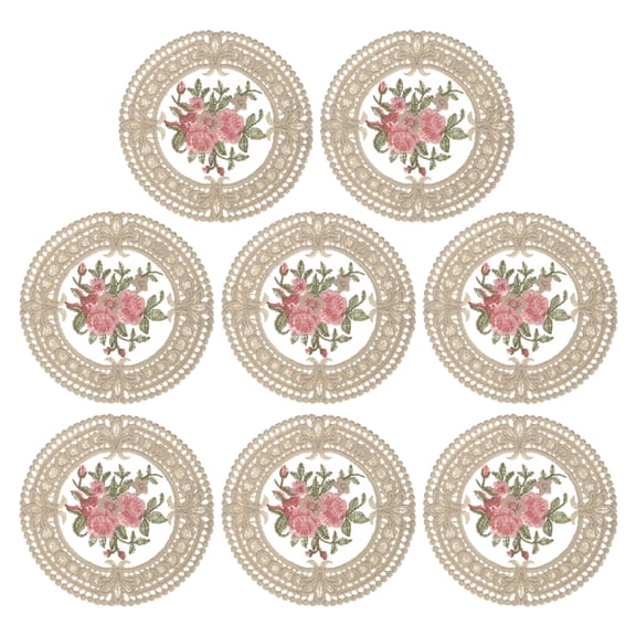 Fabric Coasters, 8pcs 4.7" - Polyester Round Lace Embroidery Cup Mat with Floral Pattern for Wedding (Gray Camel)