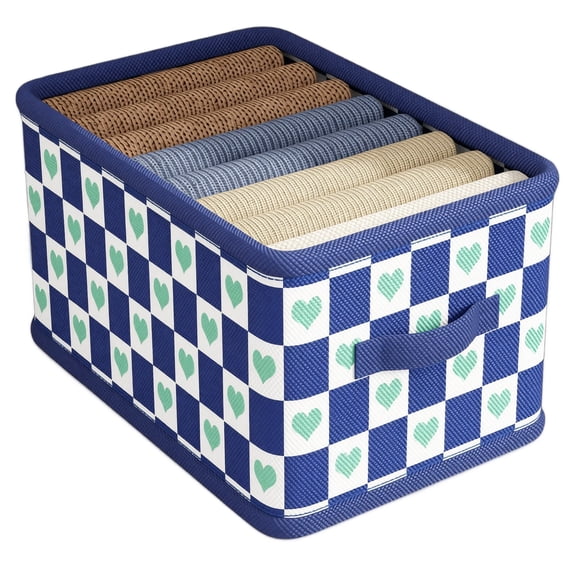 Fabric Collapsible Storage Basket 53L XL Blue Heart Checkered Pattern 18.5 Inch X 13.8 Inch X 11.8 Inch For Closet Bedroom Organizer