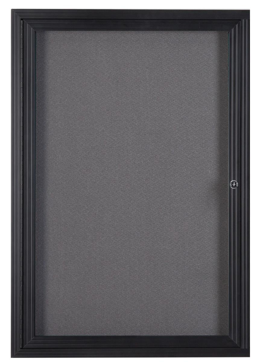 Gray Fabric and Black Aluminum Enclosed Corkboard with Hinged Door, 24" x 36"