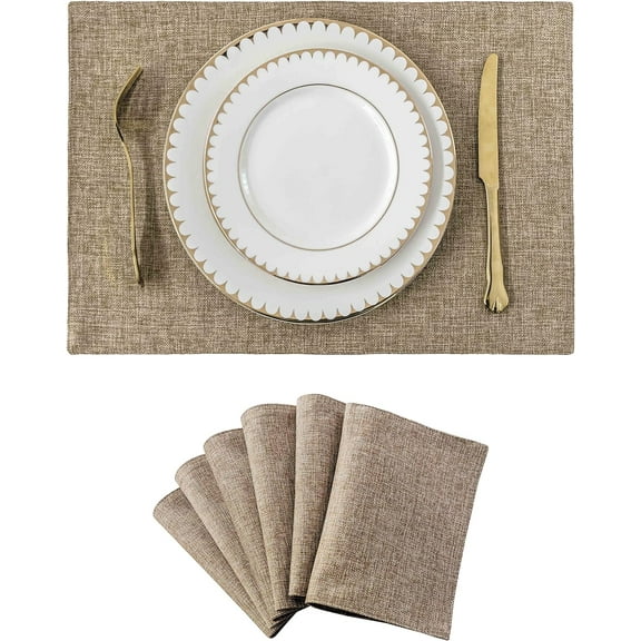 Fabric Cotton Placemats Set of 6 Heat Resistant Dining Table Place Mats Kitchen Table Mats, Natural Linen