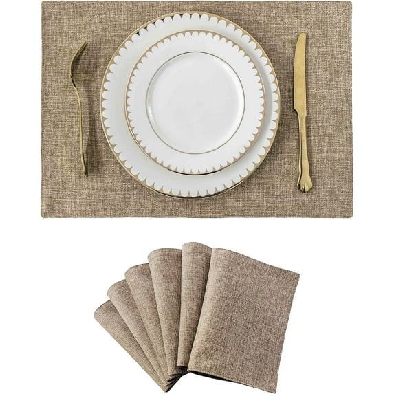 Fabric Cotton Placemats Set of 6 Heat Resistant Dining Table Place Mats Kitchen Table Mats, Natural Linen