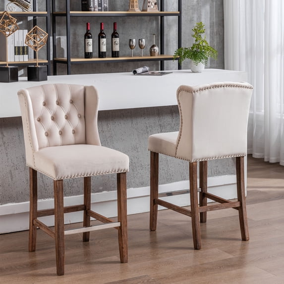 Fabric Counter 27” Height Bar Chair Stool Kitchen Dining Chairs with Nailhead Trim Wooden Legs Button Tufted Decor Upholstered Chairs(Beige,Set of 2)