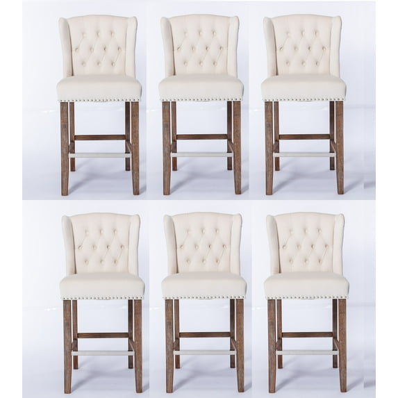 Fabric Counter 27” Height Bar Chair Stool Kitchen Dining Chairs with Nailhead Trim Wooden Legs Button Tufted Decor Upholstered Chairs(Beige,Set of 6)