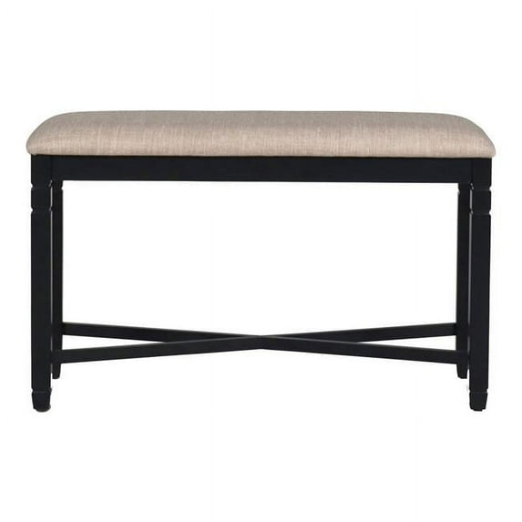 Fabric Counter Bench with Turned Legs & X Shaped Support, Beige & Black - 24 x 16 x 42 in.