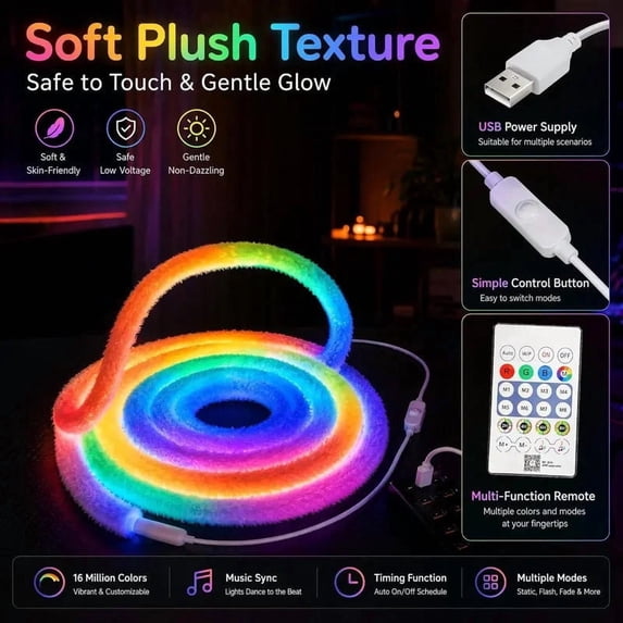 Led Neon Small Fabric-Covered Neon Rope Light, Flexible RGB LED Strip with App and ...