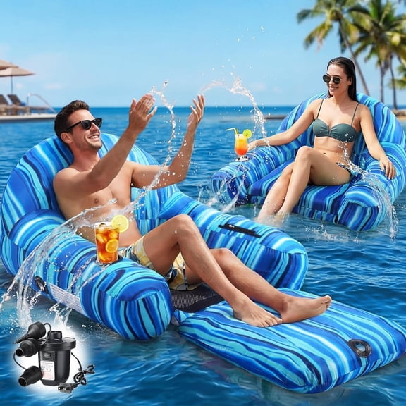 Fabric Covered Pool Float Lounge for Adults 2 in 1 Convertible Chair Lounger Large Inflatable Pool Rafts Heavy Duty Float Mattress with Quick Dry Cover, Electric Air Pump