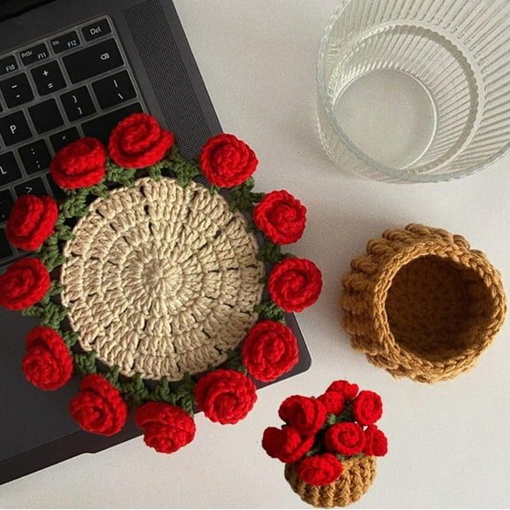 Fabric Crochet Coaster DIY Kit with Wool, Rose Bouquet Design, 20x20CM, Perfect for Home Decor or Gift Giving