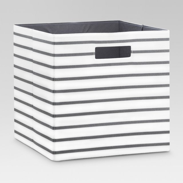 Fabric Cube Storage Bin (13) ThresholdGrey and White Stripes