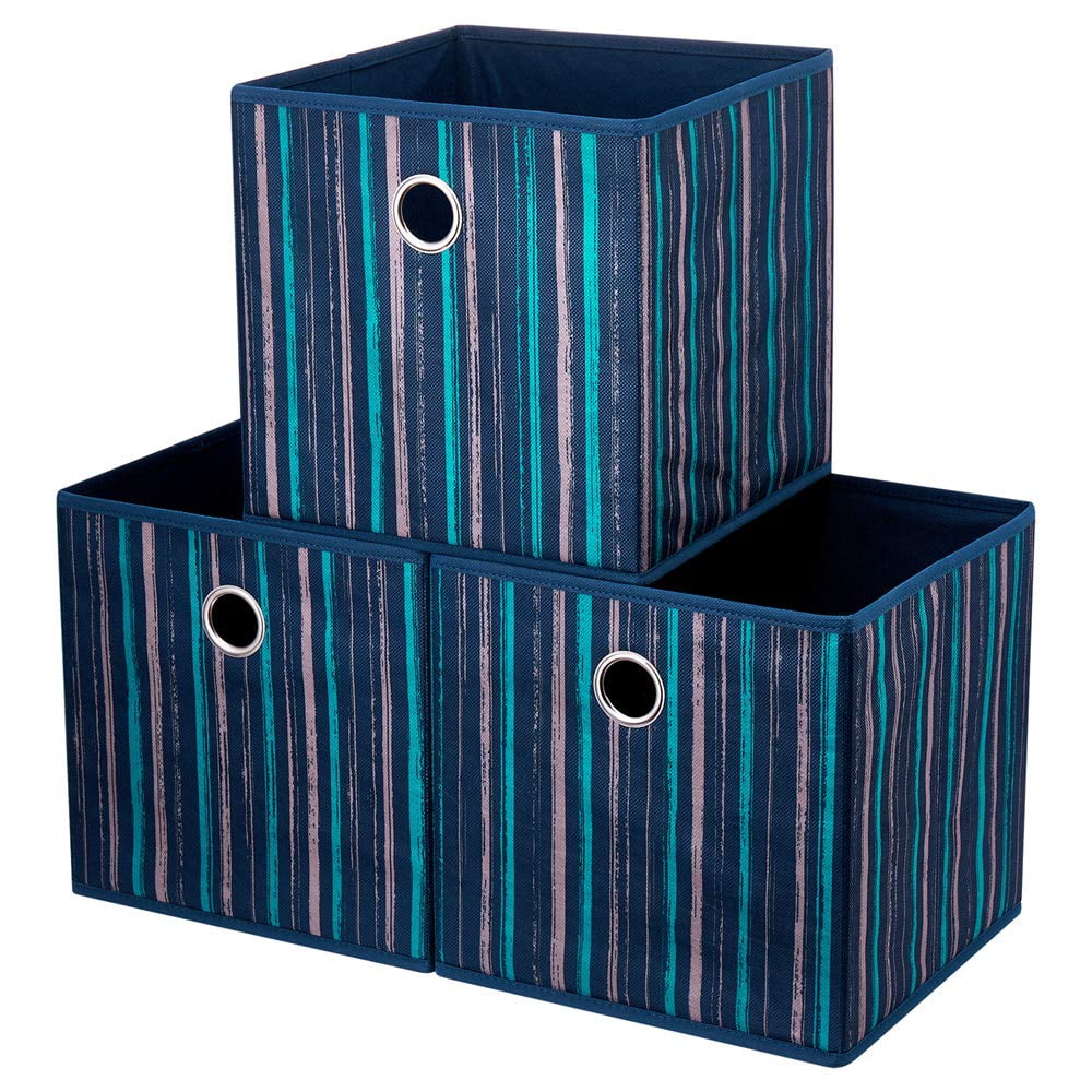 Fabric Cube Storage Bins Teal Stripes 11x11x 11 Print Blue Storage