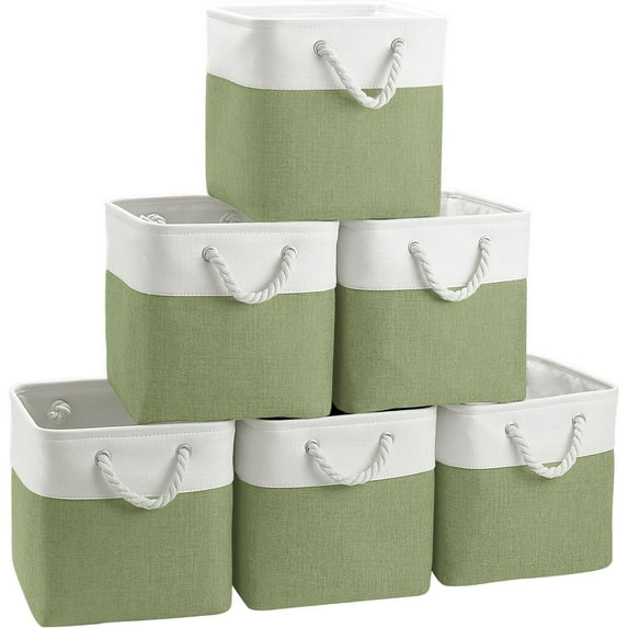 Fabric Cubes Storage Basket, 6 Pack 11x11 in with Handles Foldable Cube Storage Bins, for Shelves, Home, Office, Nursery Organizers (White/ Green)