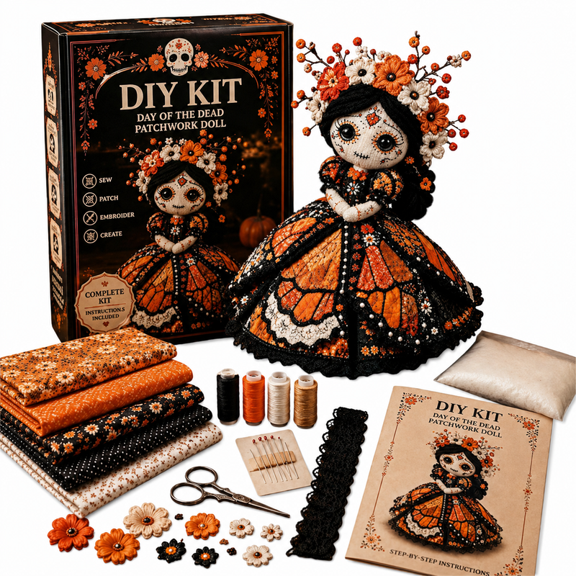 Fabric DIY Seasonal Ornament, Black Orange Doll Patchwork Doll Craft Project, Black and Orange Patchwork Figure with Halloween Fabric Details, Relevant Display Accent