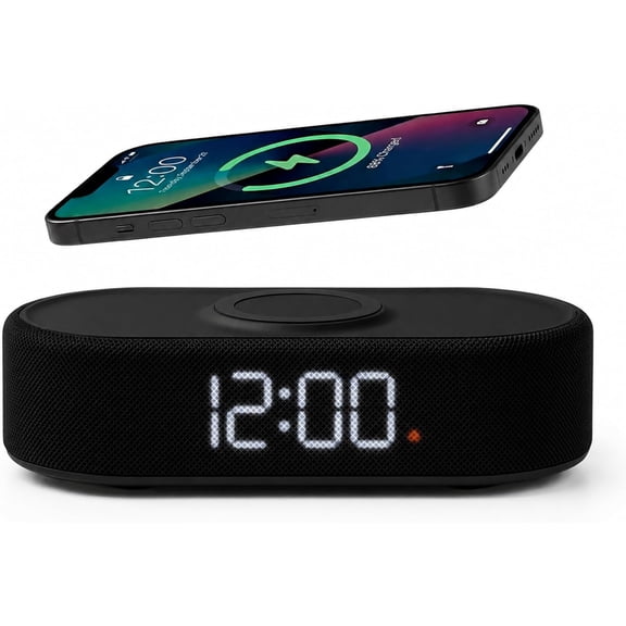 Fabric Digital Alarm Clock for Bedroom, Wireless Charging, Black