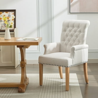 Fabric Upholstered Dining Chair with Arms, Tufted High Back Accent Coffee Armchair for Kitchen Dining Room Living Room, Beige