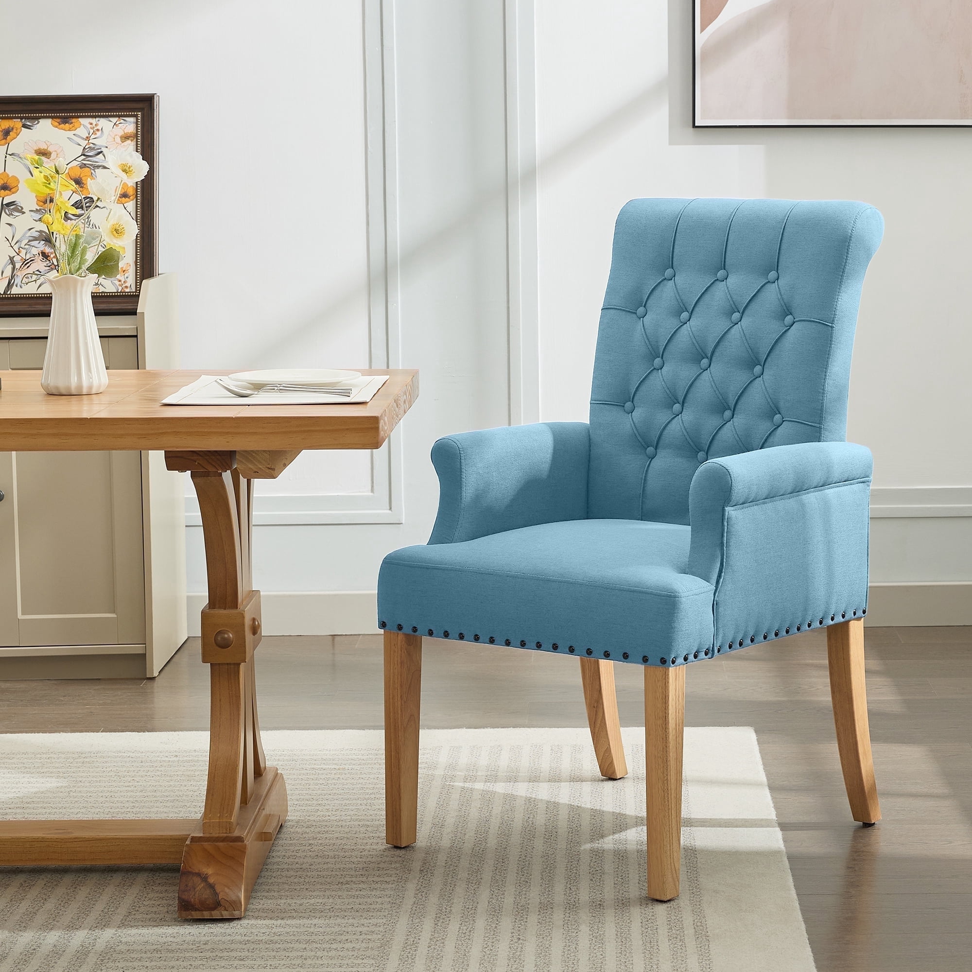 Fabric Upholstered Dining Chair with Arms, Tufted High Back Accent Coffee Armchair for Kitchen Dining Room Living Room, Blue