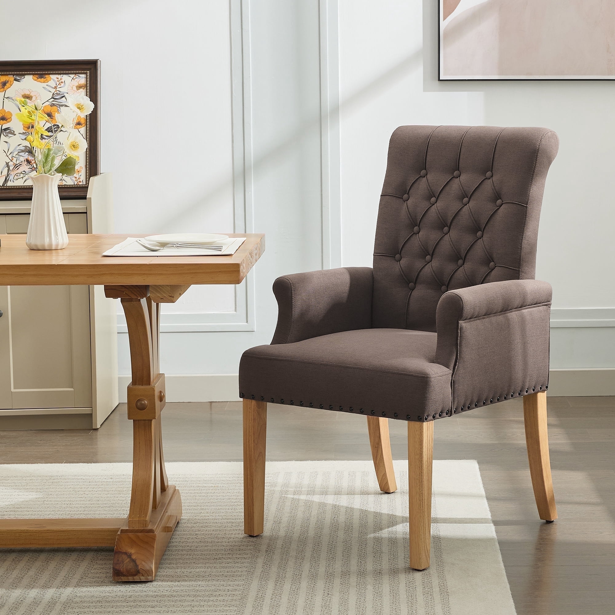 Fabric Upholstered Dining Chair with Arms, Tufted High Back Accent Coffee Armchair for Kitchen Dining Room Living Room, Brown