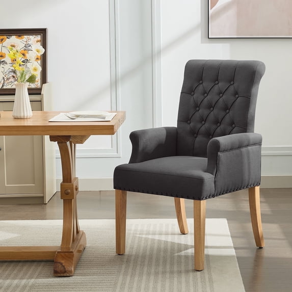Fabric Dining Chair with Arms, Upholstered Tufted High Back Dining Room Chairs, Accent Armchair with Solid Wood Leg and Nailhead Trim, for Kitchen Dining Living Room, Dark Grey