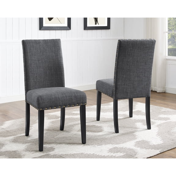 Fabric Dining Chairs with Nailhead Trim, Set of 2, Gray - Polyester Gray - Sturdy hardwood frame with solid legs and contemporary finish - Dining room, kitchen - Elegant finish